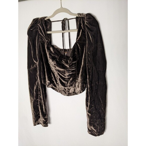 Free People Bridgette Brown Velvet Crop Top  Women's Sz L Puff Sleeve Forest - Picture 6 of 11